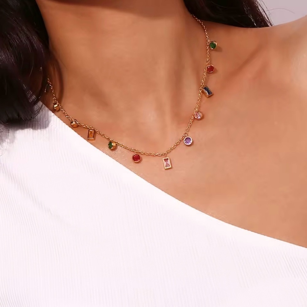Multi Color Crystal Drop Delicate Minimalist Necklace in 18K Gold Plated Finish